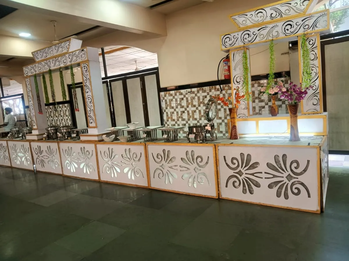 Wide view of a buffet line in a function hall