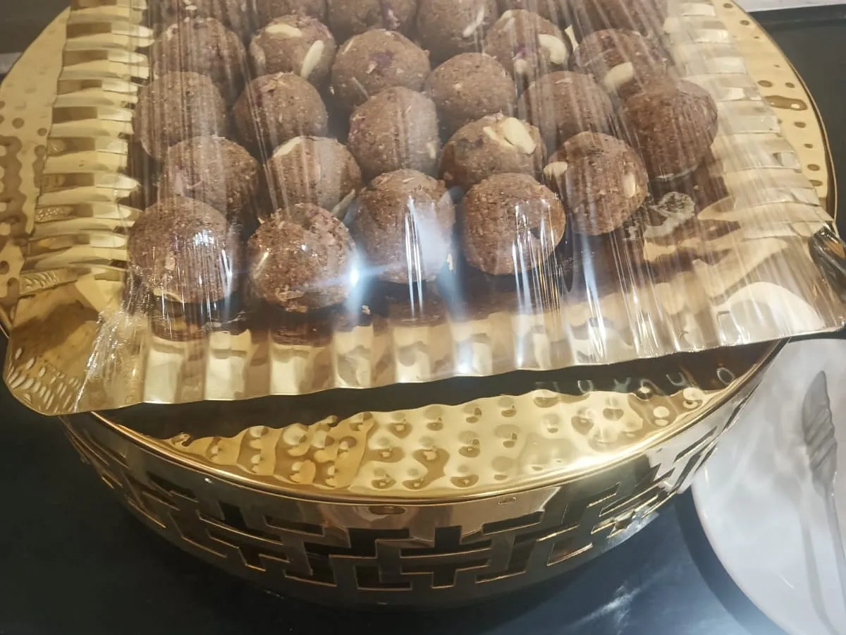 Tray of laddoos packed for a function